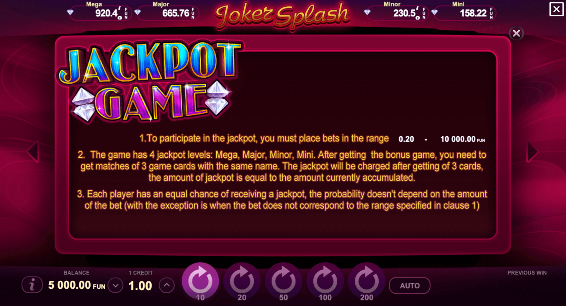 Joker Splash Processo do jogo